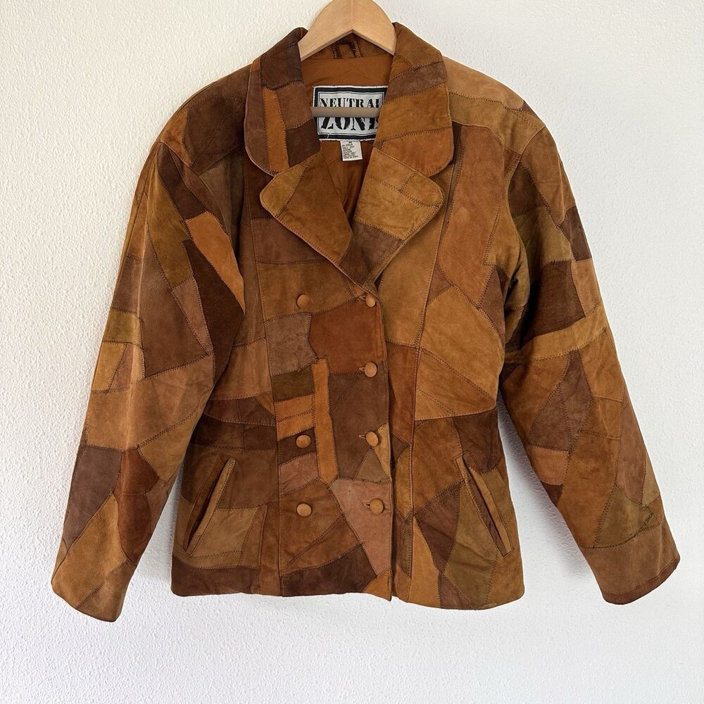 Vintage Suede Leather Patchwork Jacket Buttons Collared Western Boho Size M Read